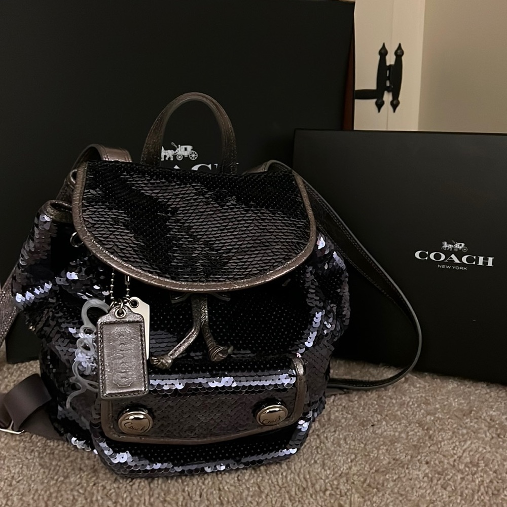 Rare & Wonderful Sequin Coach Mini Backpack -Blueish Gray w/ hematite accents
